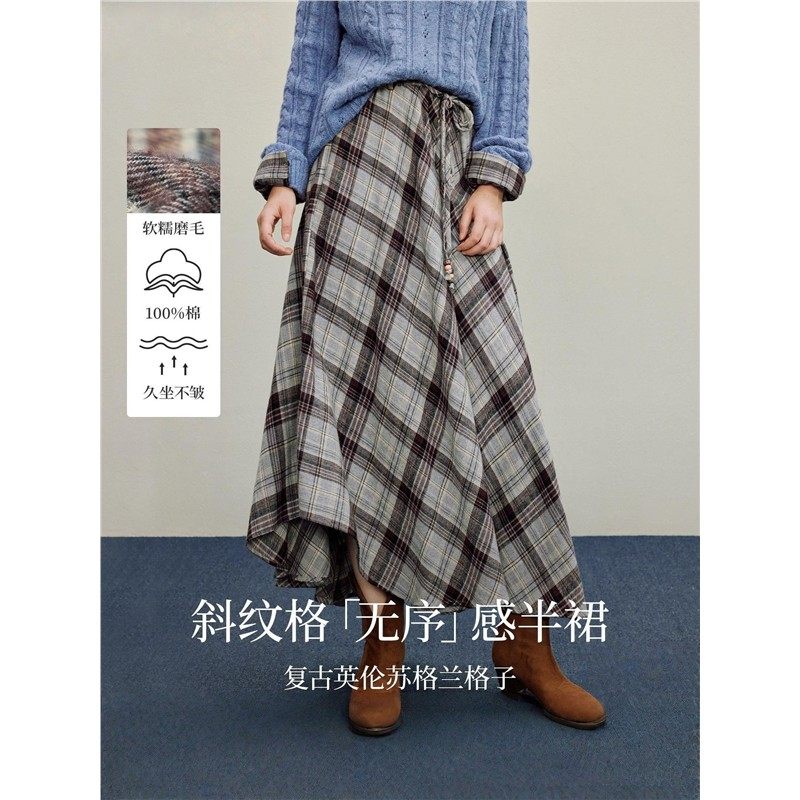 热可可系列|不规则格纹半身裙女2026年秋抽绳高腰显瘦A字裙