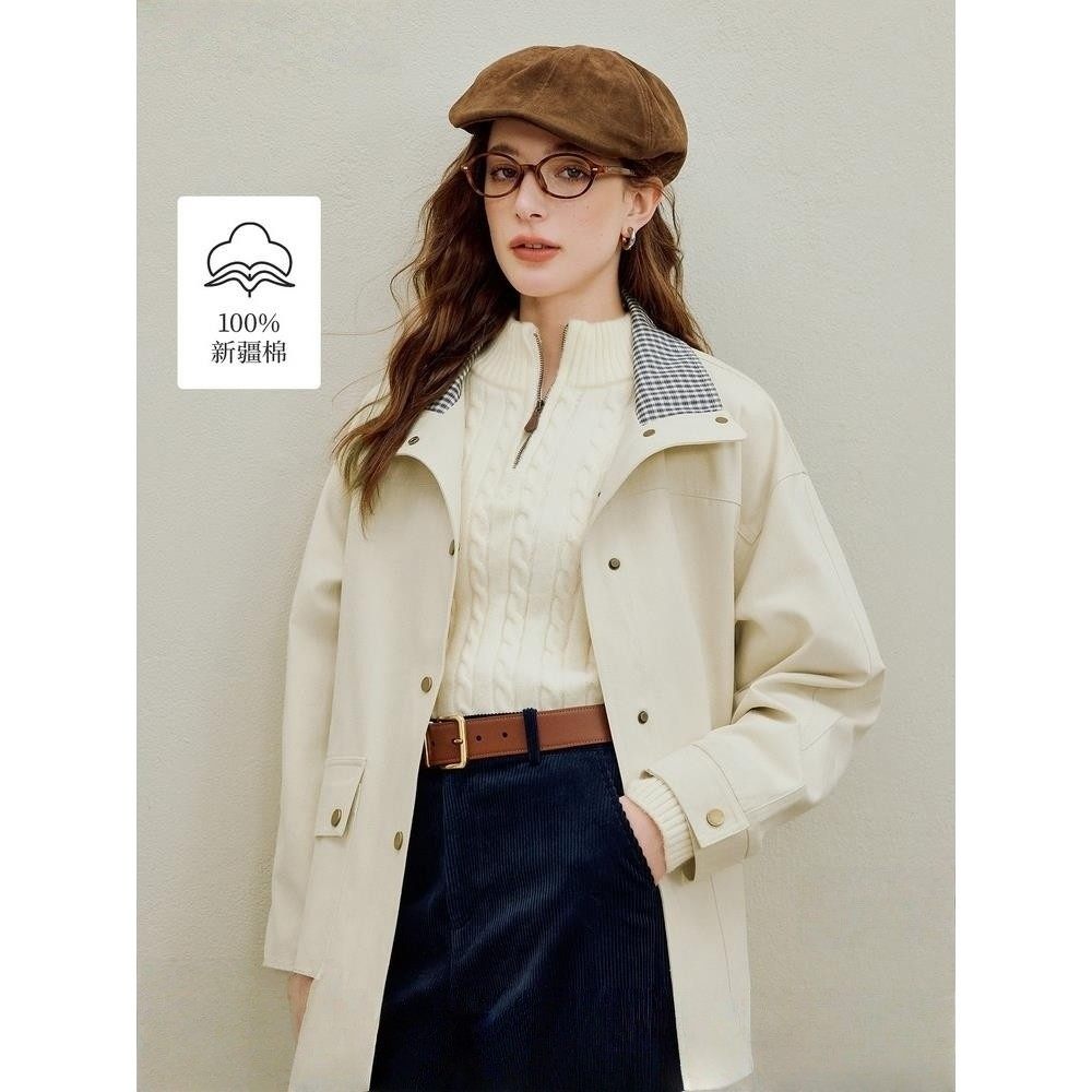 法式立领格纹工装夹克外套女2025年秋季新款宽松中长白色风衣