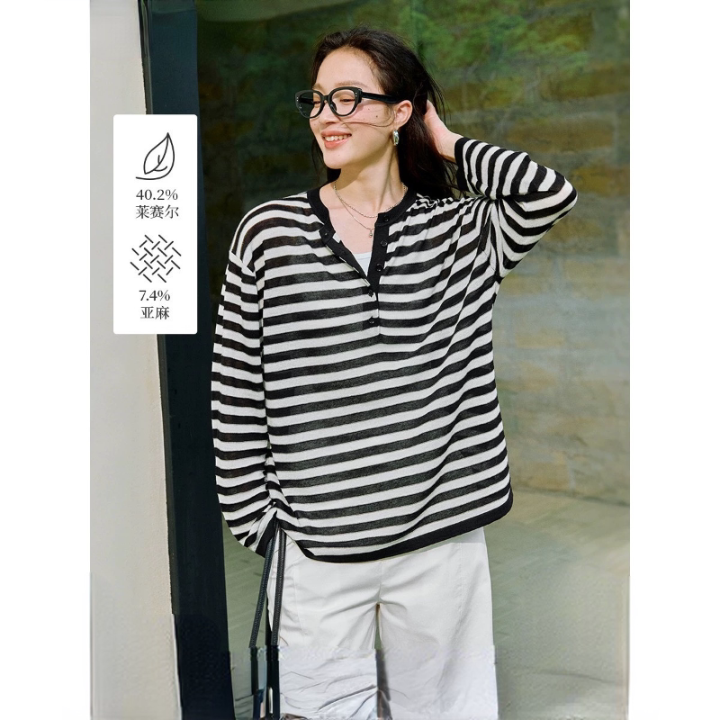 【亚麻天丝】亨利领条纹针织衫女2026年夏季新款航海系罩衫