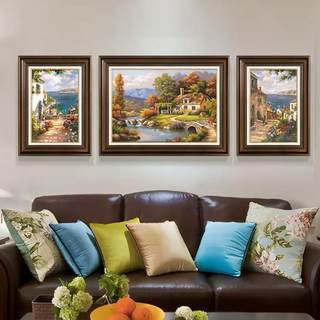 美式客厅装饰画沙发背景墙三联画复古山水挂画欧式风景油画高级感
