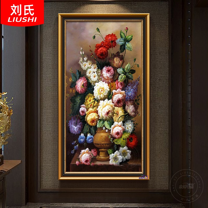 牡丹花卉欧式油画高端挂画玄关手绘装饰画客厅竖版壁画餐厅大芬村图片