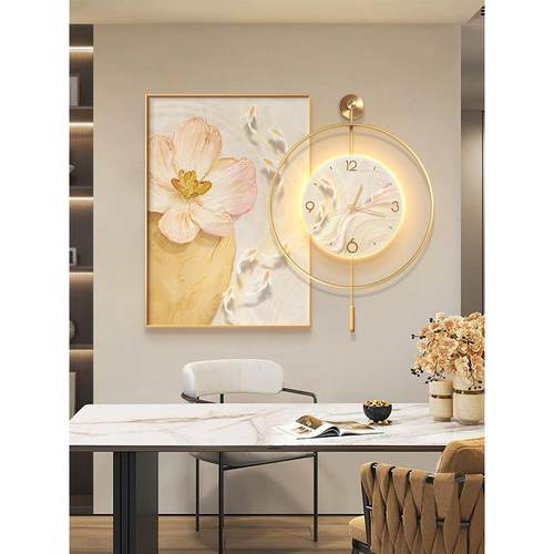 九鱼图挂钟餐厅装饰画轻奢高级感钟表餐桌挂画2024新款壁画奶油风