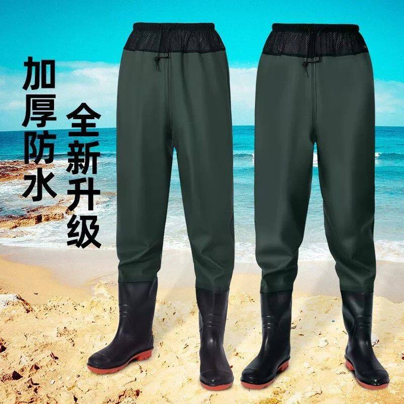 半身齐腰下水裤平底软底防滑钓鱼鞋防水捕鱼插秧水鞋过膝连体雨鞋