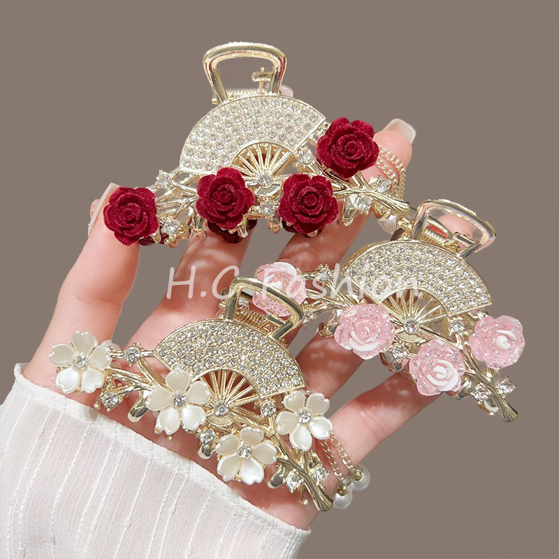 感新款扇形玫瑰花流苏抓夹甜美网红后脑勺半扎盘发鲨鱼夹子