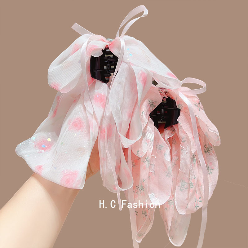 感超仙雪纺碎花飘带发卡气质马尾抓夹后脑勺盘发半扎发夹饰品