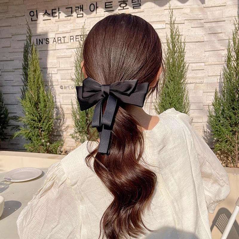 TKTK2024新款法式复古蝴蝶结发夹气质仙女飘带弹簧夹双层后脑勺