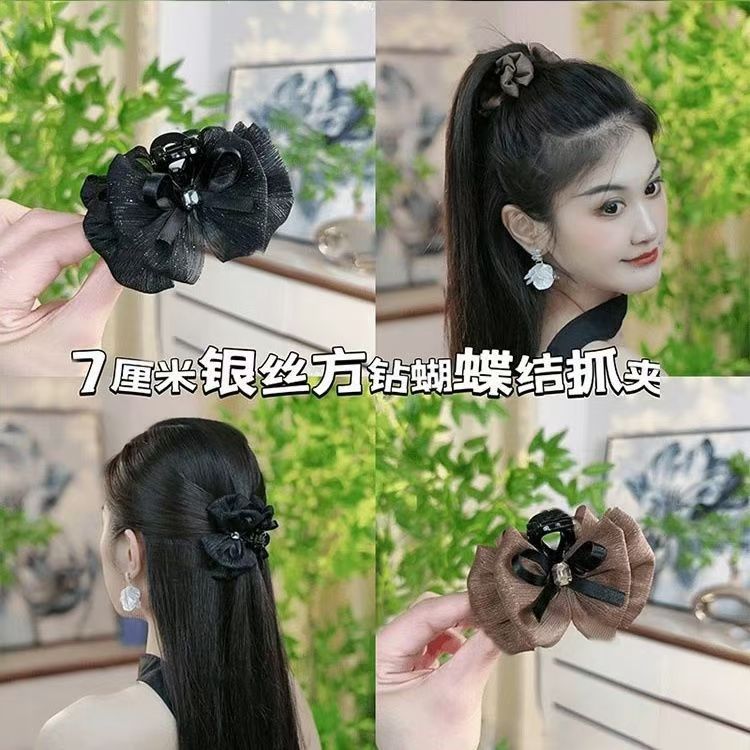 银丝方钻蝴蝶结鲨鱼夹2024新款感高马尾抓夹女后脑勺盘发夹子