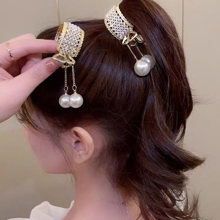 气质扎高马尾爪夹固定流苏头饰珍珠吊坠发卡防塌抓夹发夹女
