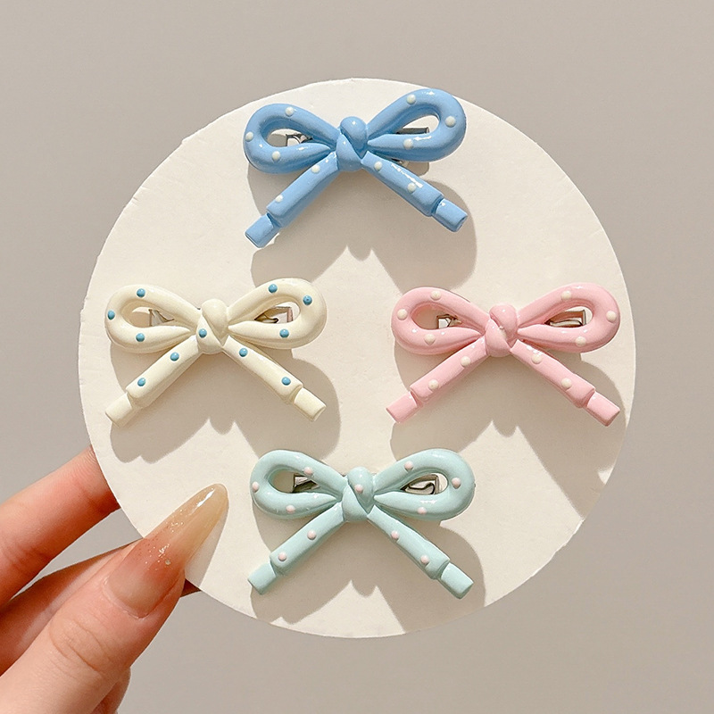 tktk甜美波点蝴蝶结鸭嘴发卡女款侧边刘海碎发夹系奶油色头饰