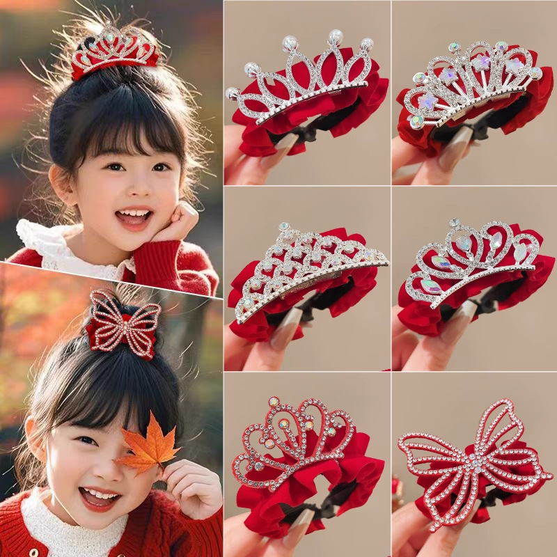 tktk新年儿童丸子头珍珠皇冠头饰女童公主盘发发扣马尾扣红色发夹