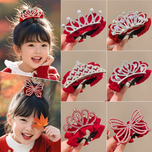 tktk新年儿童丸子头珍珠皇冠头饰女童公主盘发发扣马尾扣红色发夹