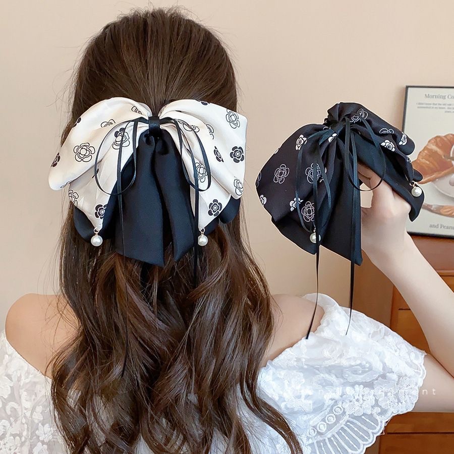 优雅复古山茶花缎面蝴蝶结马夹超仙流苏轻奢精致显发量半扎发抓夹