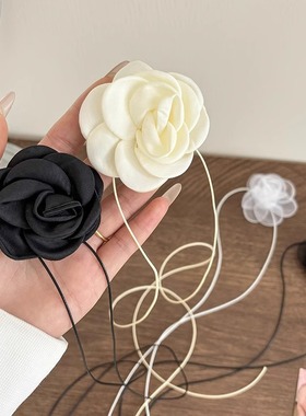 TKTK法式小香风山茶花玫瑰颈带项链性感锁骨choker黑白花朵浪漫