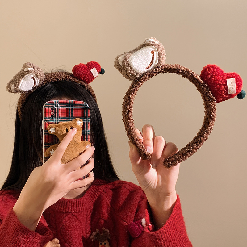 秋冬可爱小熊爱心毛绒发箍女高颅顶甜美洗脸防滑外出压发卡头饰