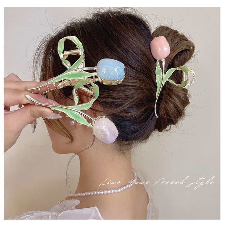 甜美温柔郁金香花朵抓夹感女大号后脑勺夹子超仙网红盘发夹