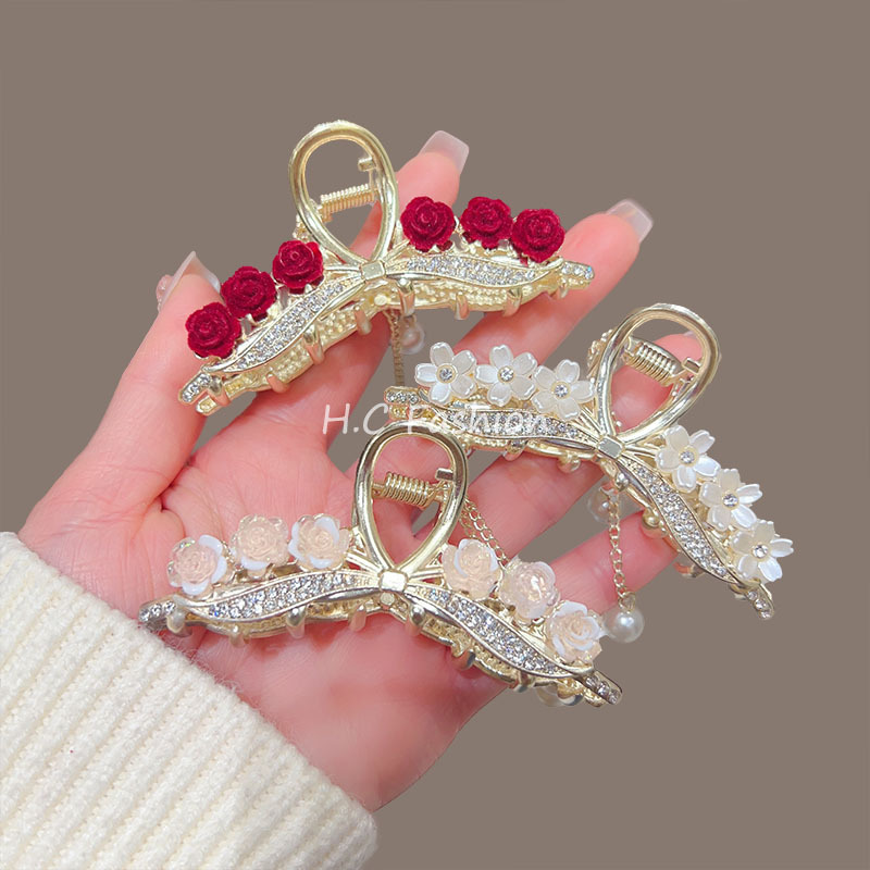 超仙花朵抓夹珍珠流苏发卡网红女后脑勺盘发中号鲨鱼夹发抓头饰品