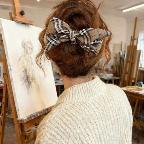 TKTK格纹蝴蝶结鸭嘴夹发夹女后脑勺大号盘发抓夹2025新款高端夹子