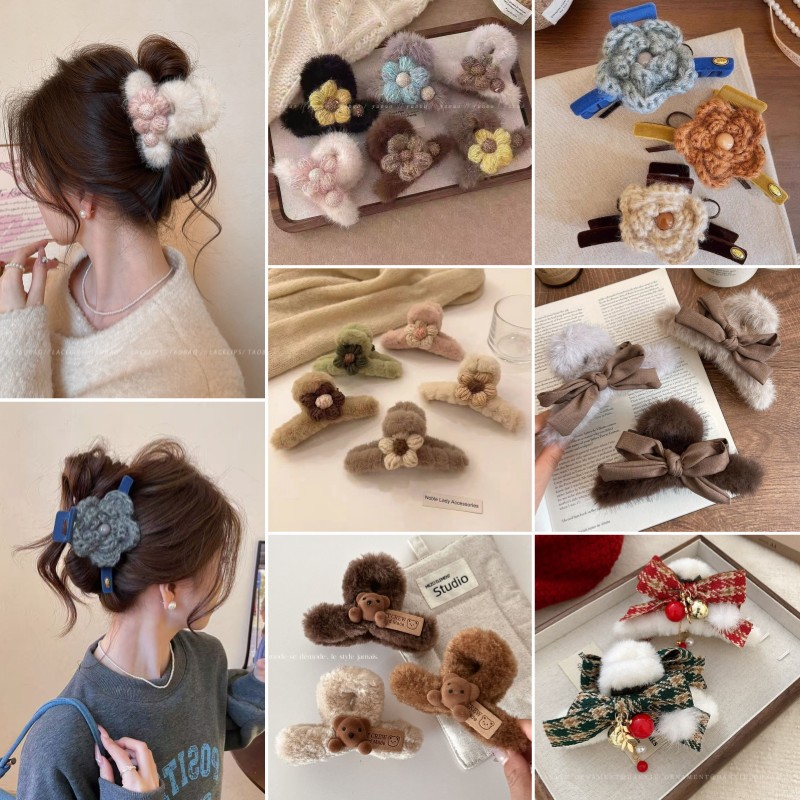 秋冬爆款花朵毛毛抓夹蝴蝶结毛绒发夹甜美圣诞夹子毛茸茸发抓