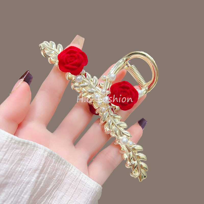 玫瑰花珍珠抓夹感后脑勺鲨鱼夹感盘发头饰夹子发夹