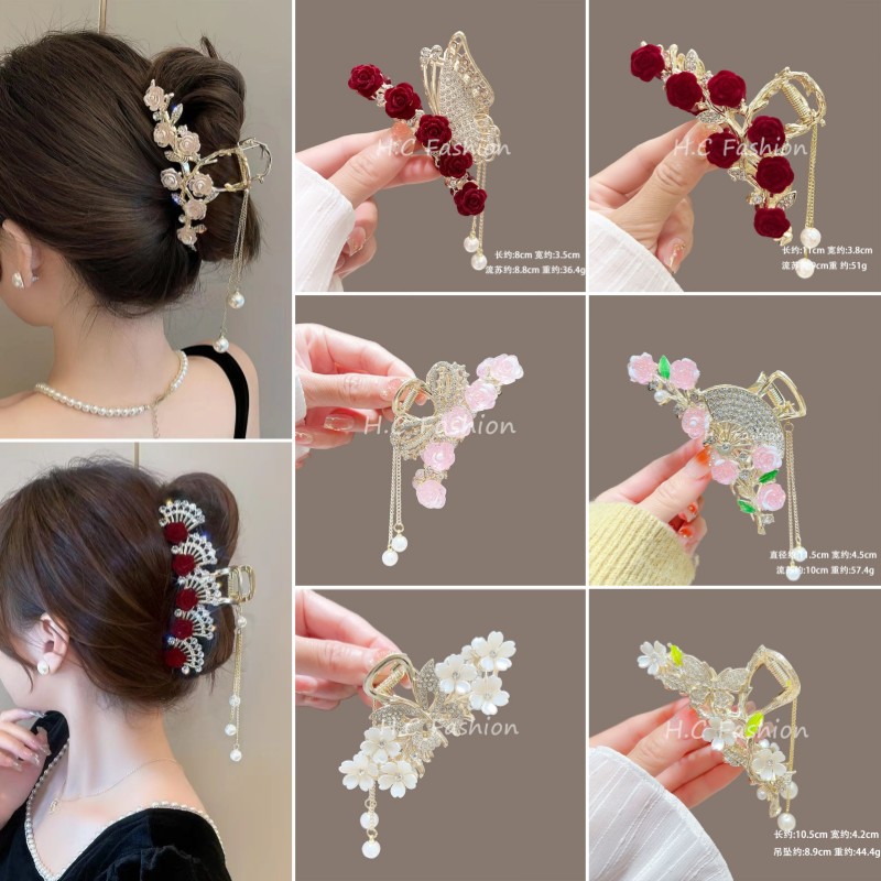 优雅小香风新款发夹女甜美气质玫瑰花朵抓夹步摇流苏鲨鱼夹子发卡