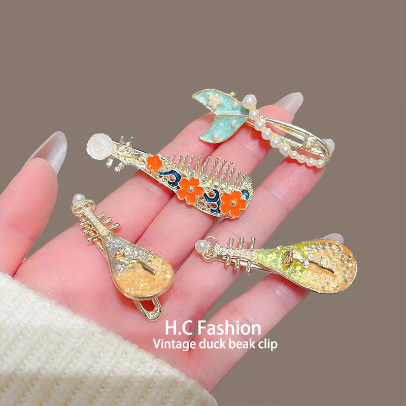 国风玫瑰花琵琶鸭嘴夹女刘海夹精致碎发夹古风发卡新中式侧边夹