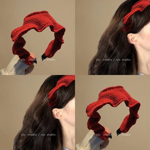 tktk复古红色针织发箍女款感秋冬高颅顶褶皱宽边压发头饰百搭头箍