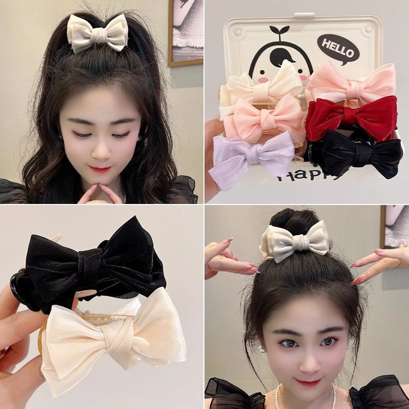 tktk2025新款网红鲨鱼夹缎面蝴蝶结发饰女丸子头固定抓夹