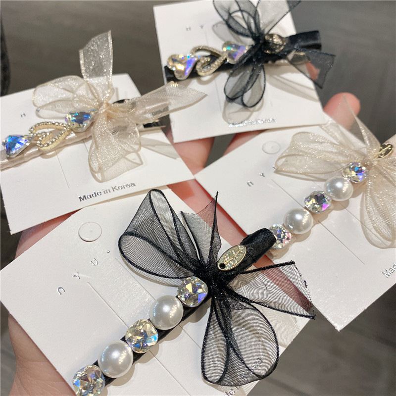 水钻爱心网纱蝴蝶结发夹前额刘海夹边夹气质发卡鸭嘴夹子头饰女