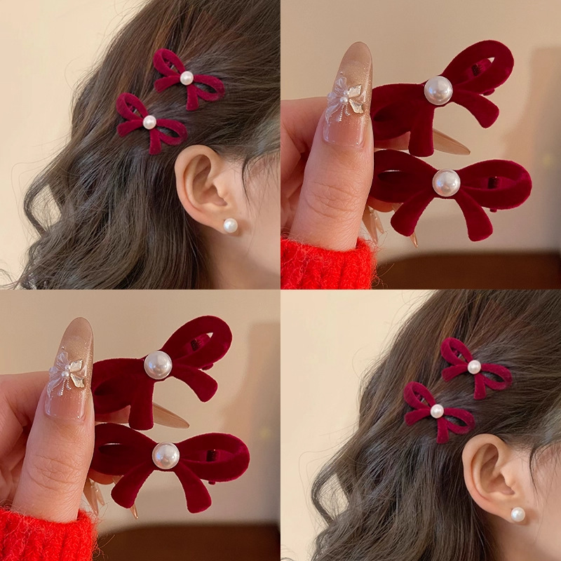 TKTK圣诞新年红丝绒蝴蝶结发夹女前额刘海夹发卡侧边碎发小夹子