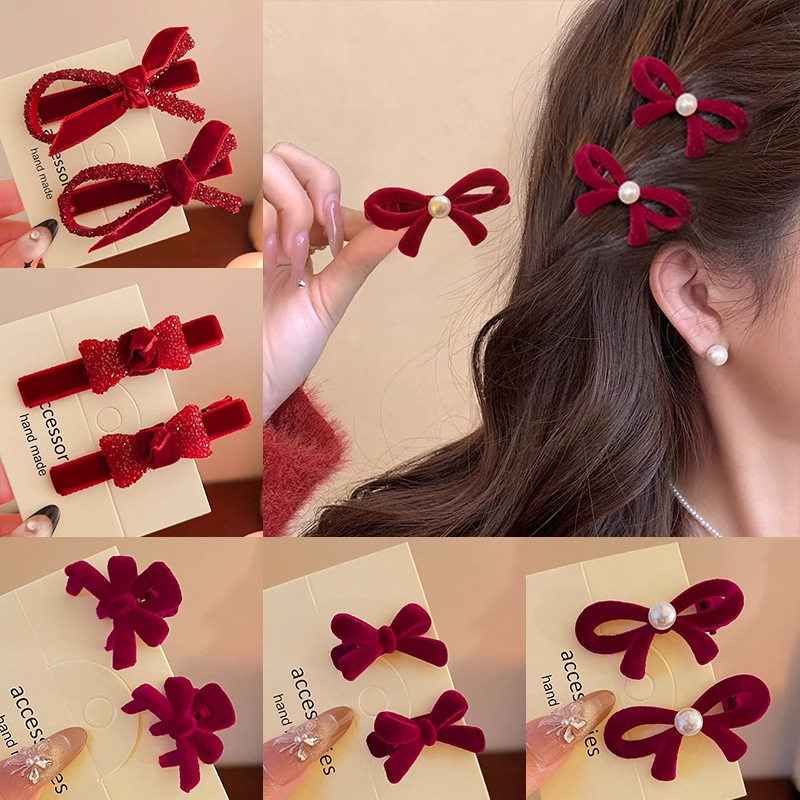 TKTK新年红丝绒蝴蝶结刘海发夹女侧边碎发边夹发卡2025新款鸭嘴夹