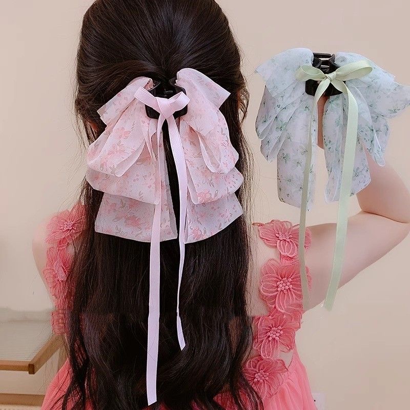 优雅雪纺碎花蝴蝶结马尾抓夹后脑勺盘发半扎发夹温柔女盘发夹子