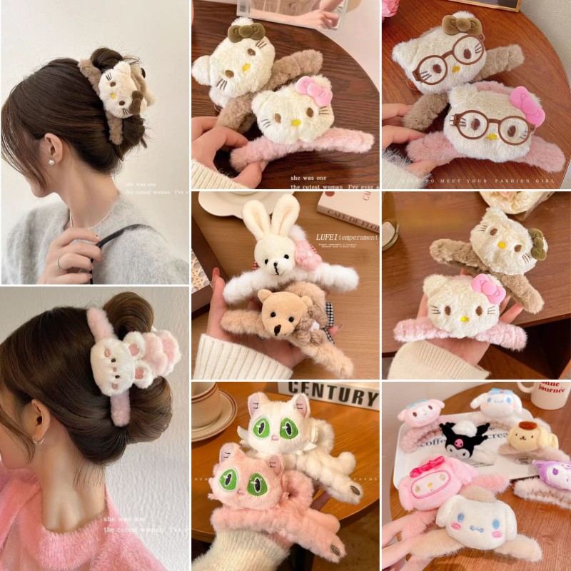 秋冬新款毛绒发夹女大号卡通鲨鱼夹子可爱后脑勺发卡毛毛小熊抓夹