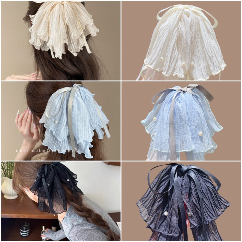 韩国海盐蓝日常网纱丝带蝴蝶结马尾抓夹珍珠点缀高颅顶固定发夹女