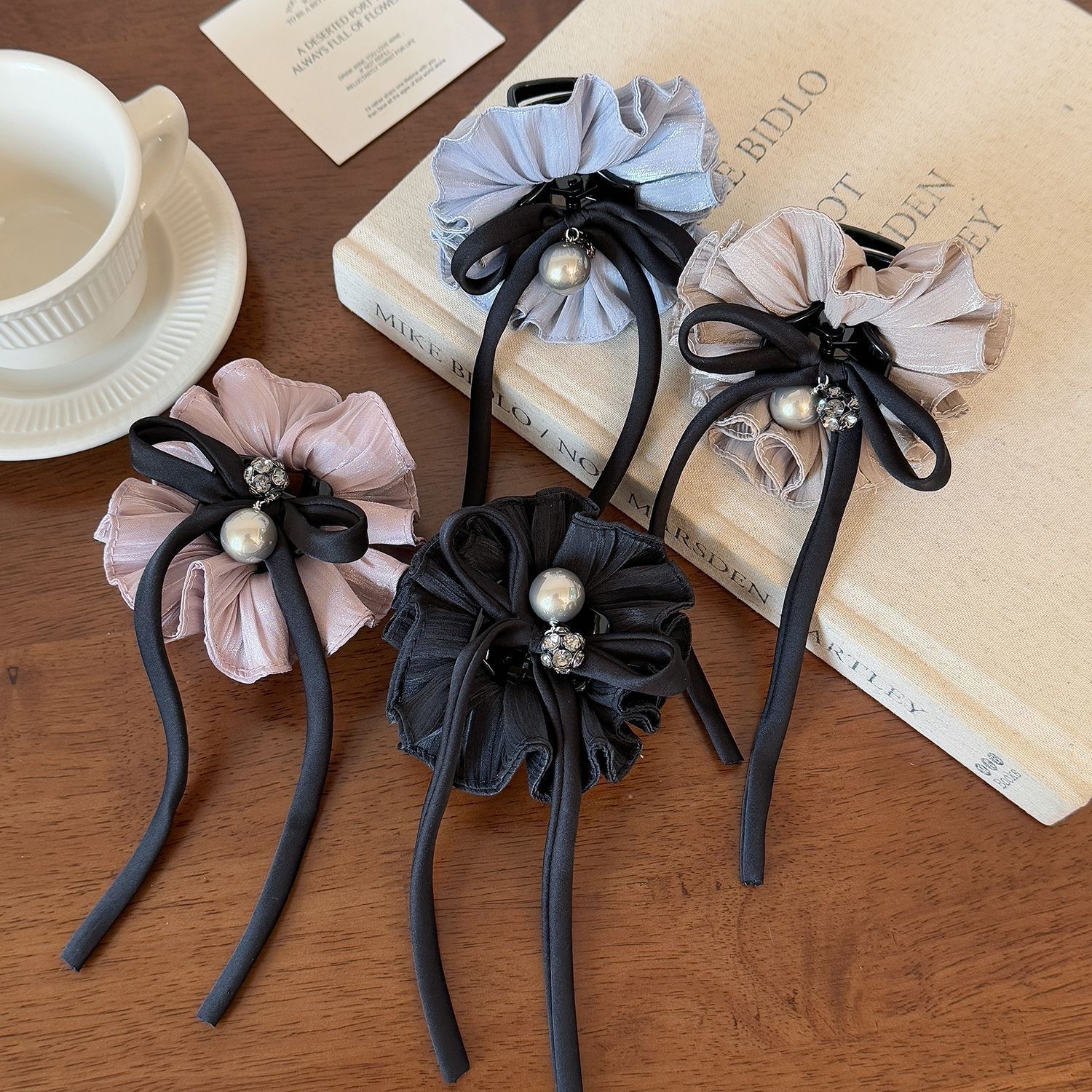 优雅甜美气质飘带珍珠发圈蝴蝶结温柔时尚发绳流光纱扎马尾头绳女