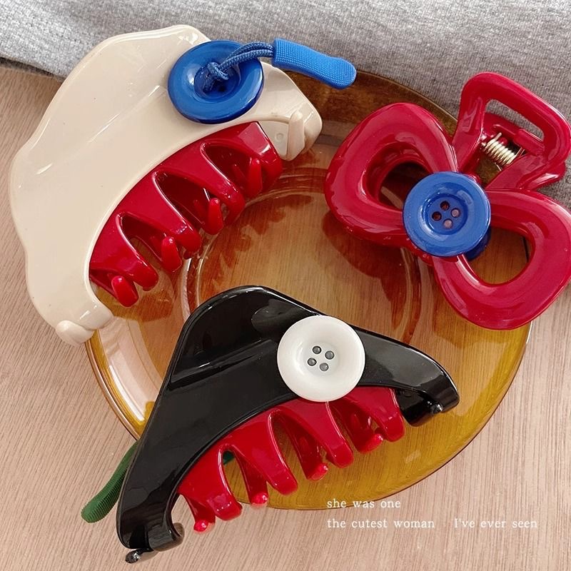 设计师款纽扣抓夹时尚气质红色三角发夹拼色发卡半扎鲨鱼夹发抓子