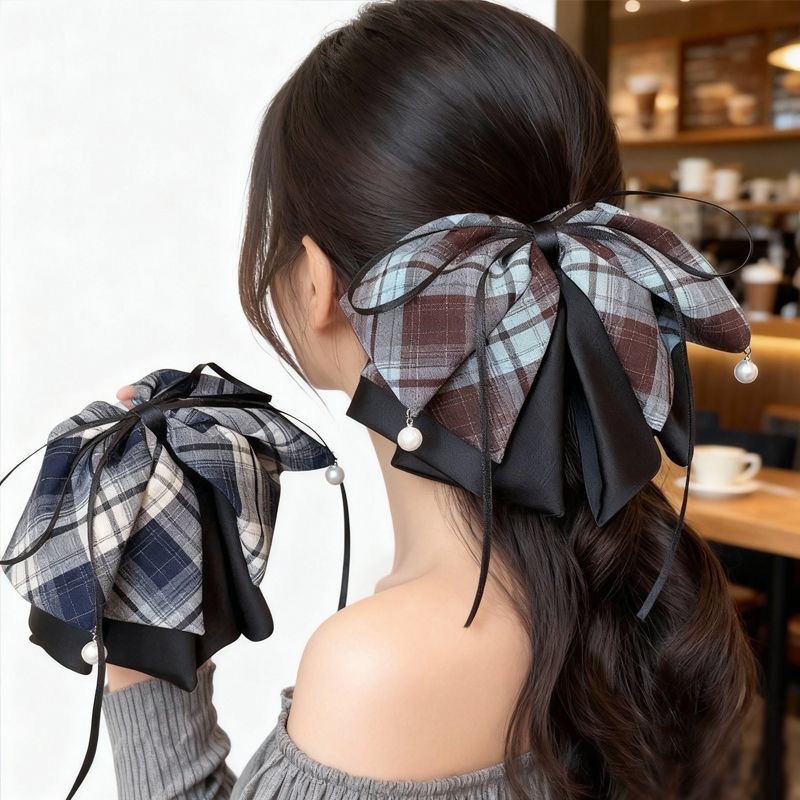韩版格子蝴蝶结飘带抓夹感后脑勺半扎发马尾夹气质显发量发夹