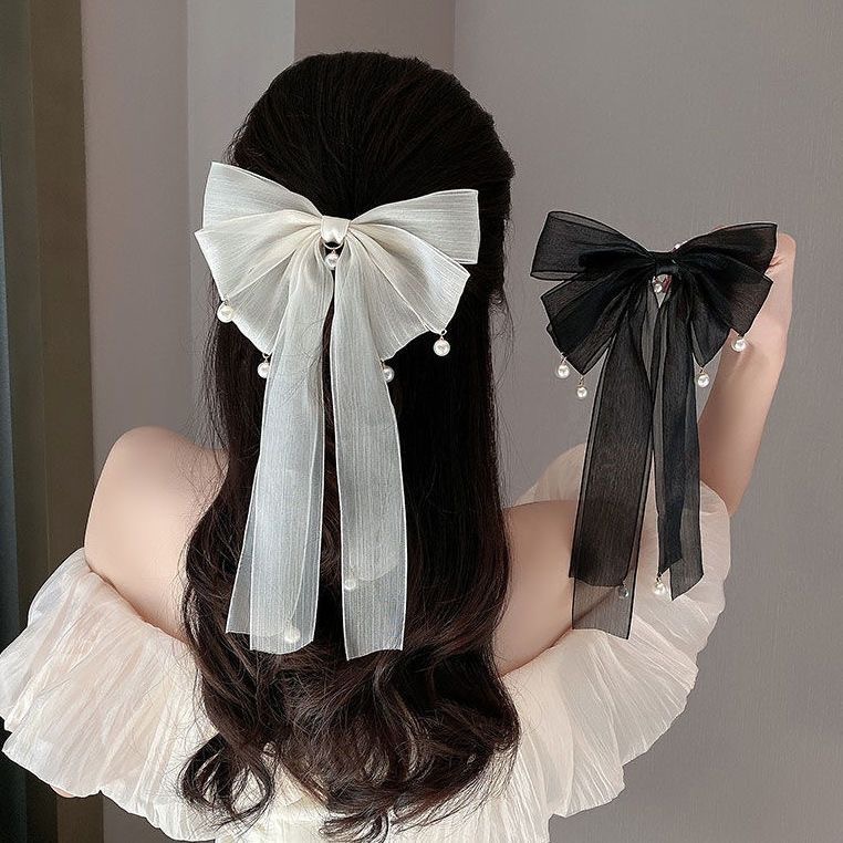 飘带蝴蝶结头饰发夹女后脑勺珍珠发卡感弹簧夹马尾夹子