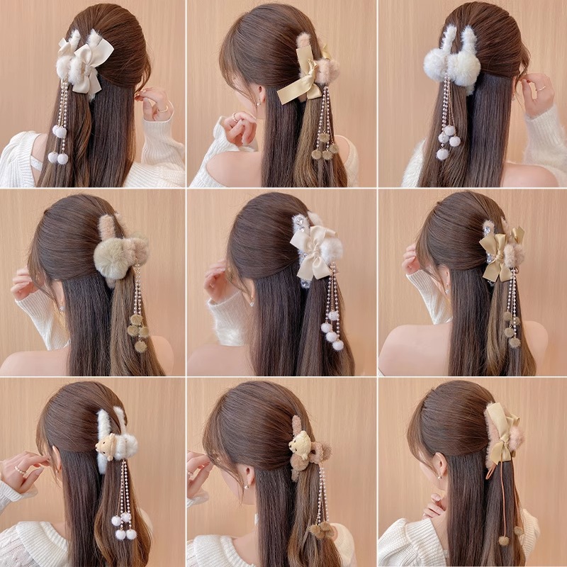 韩国毛毛绒抓夹毛球流苏吊坠蝴蝶结发夹后脑勺盘发发抓大号鲨鱼夹