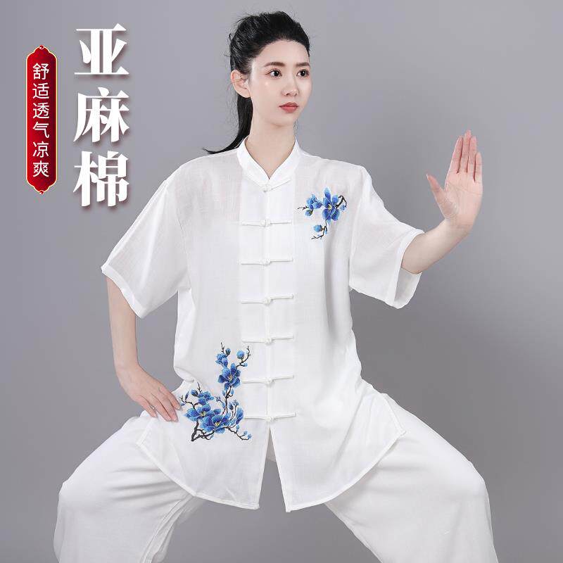 短袖新款侧兜夏季女士太极拳服亚麻棉绣花练功武术晨练表演服套装