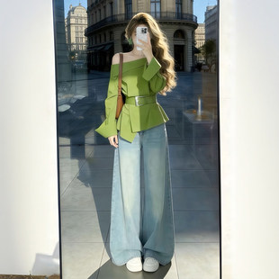 春装 绿色斜肩收腰设计感长袖 2026新款 女款 轻奢减龄通勤风上衣 衬衫