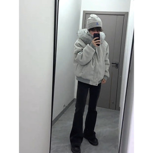 灰色大毛领派克棉服男女款冬季加绒保暖连帽棉衣情侣短款毛呢外套