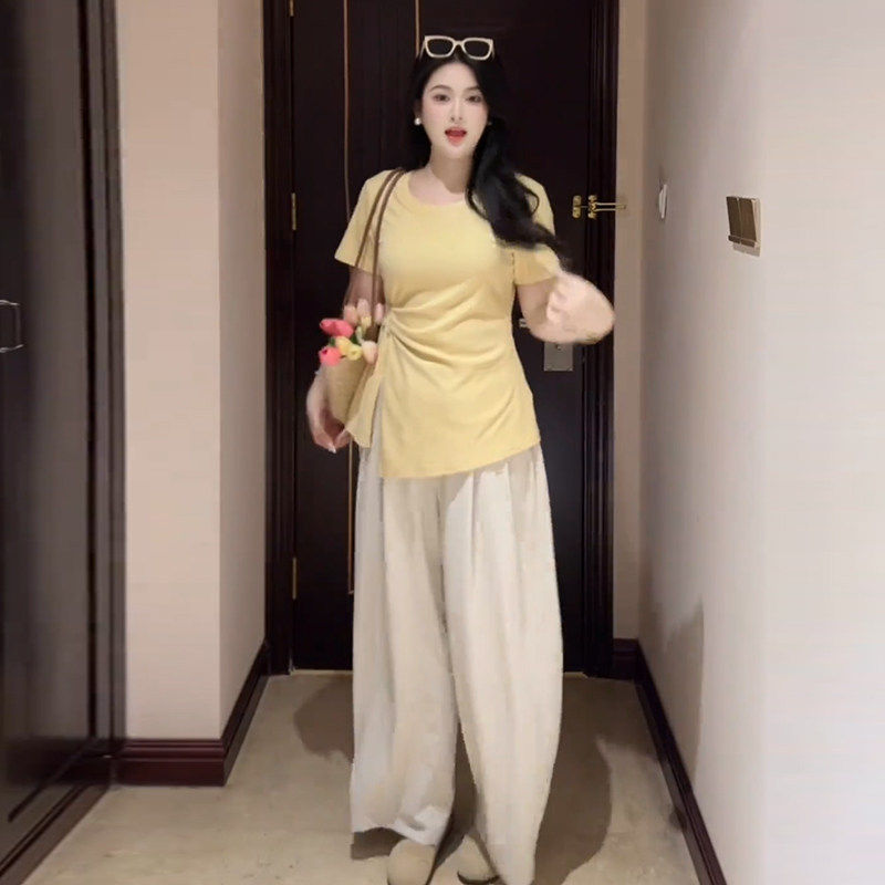 大尺码不规则开叉T恤女夏