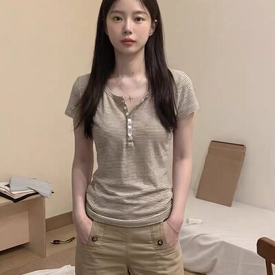 韩系亨利领条纹正肩短袖t