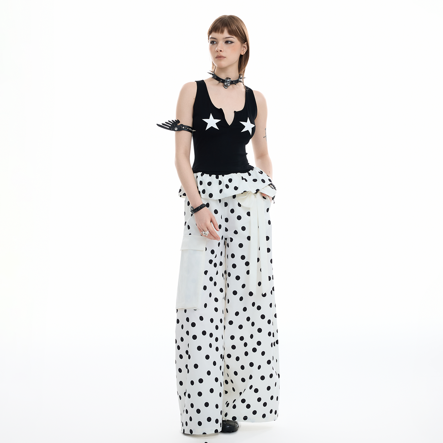 invertebrate无脊椎工装波点印花蝴蝶结立体袋松紧中低腰休闲裤