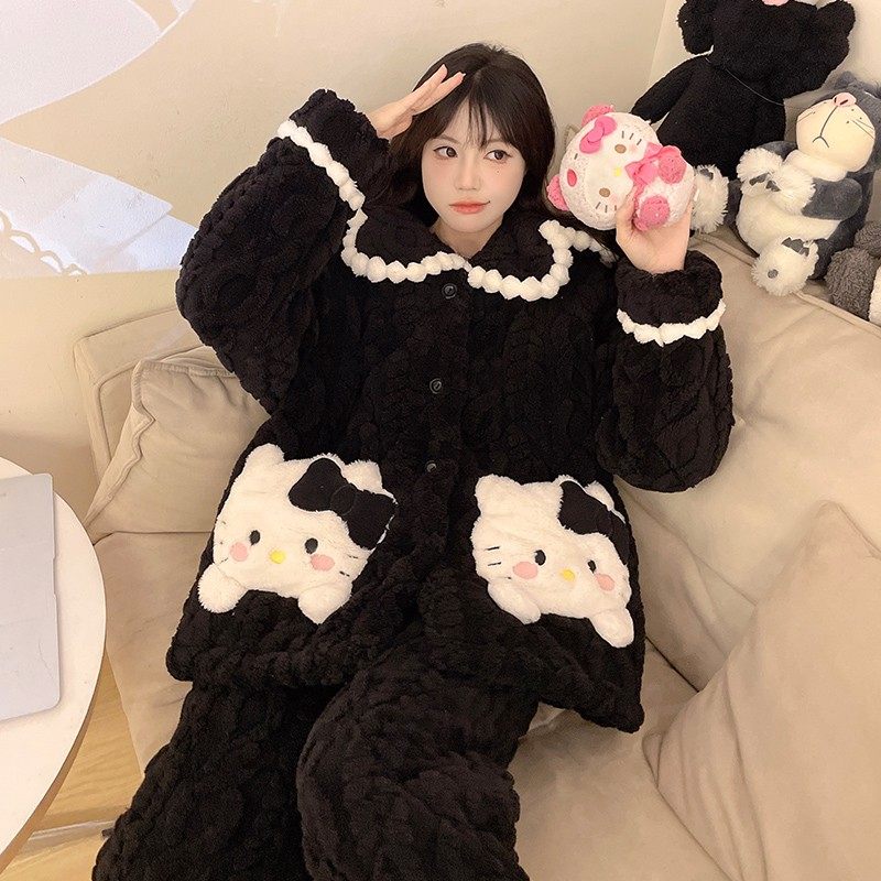 冬季女睡衣中长款三层夹棉睡衣学生可爱风加厚加绒卡通保暖珊瑚绒