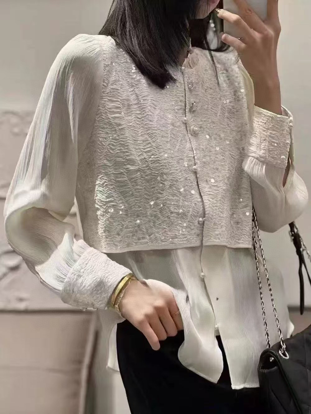法式高级感真丝拼接亮片假两件原创木耳领雪纺25春秋开衫减龄衬衫