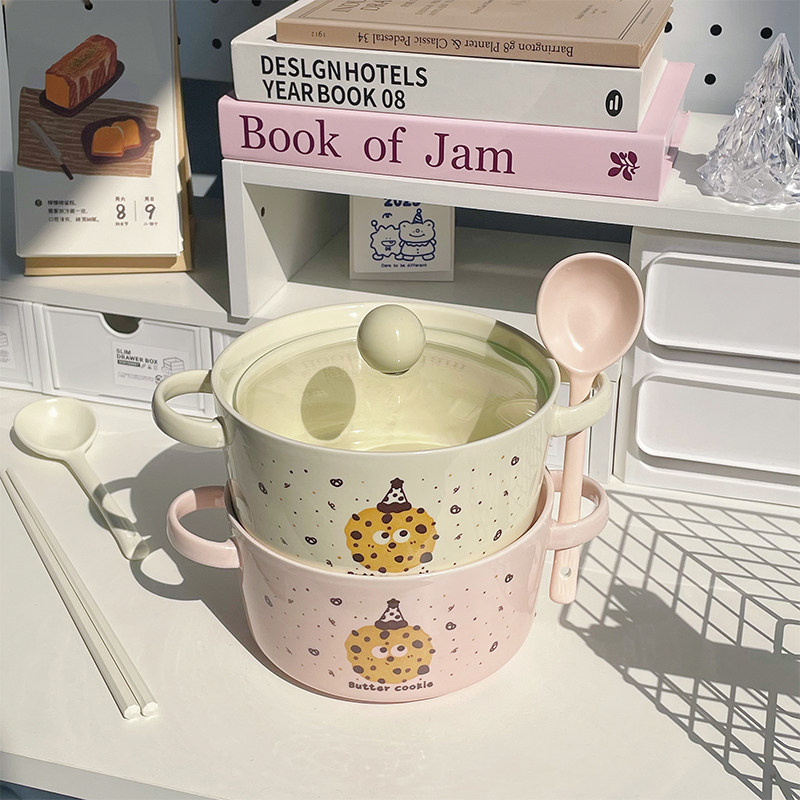Hey hi可爱曲奇陶瓷泡面碗带盖勺筷双耳汤碗学生宿舍个人专用面碗