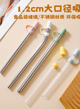 奶茶粗吸管带防尘套玻璃不锈钢
