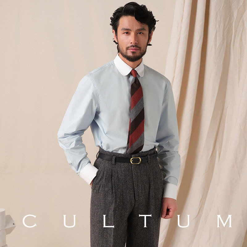 CULTUM1930s复古伊顿领拼色领修身纯棉衬衫男士长袖商务休闲通勤