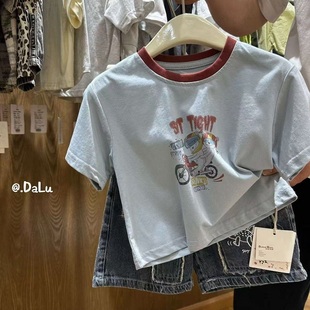 新款 儿童时尚 夏季 T恤衫 男女童趣味卡通纯棉百搭上衣 拼色圆领短袖